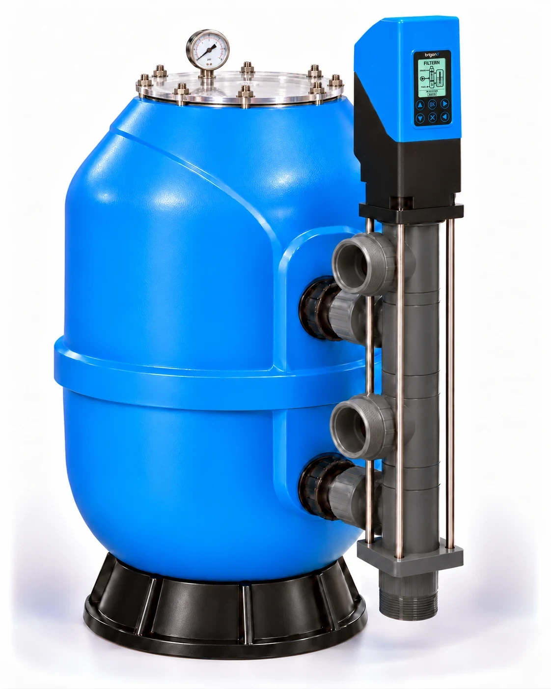 brigano E-Poolventil mit elektrischem Antrieb und Display, montiert an einem Sandfilter